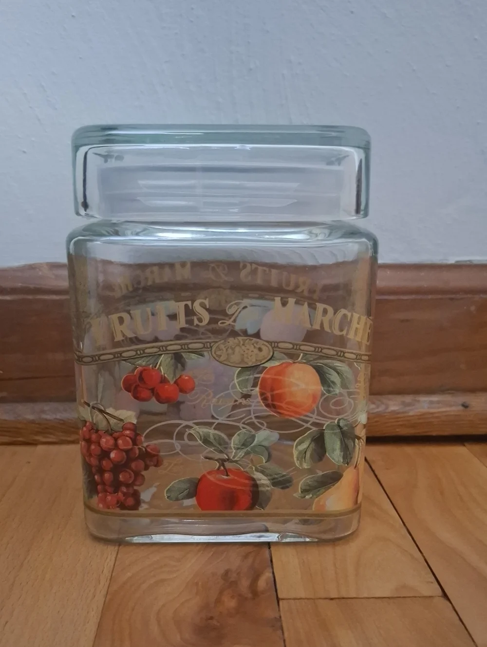 Glass Fruit Canister with Vintage Market Design - Clear/Red/Orange